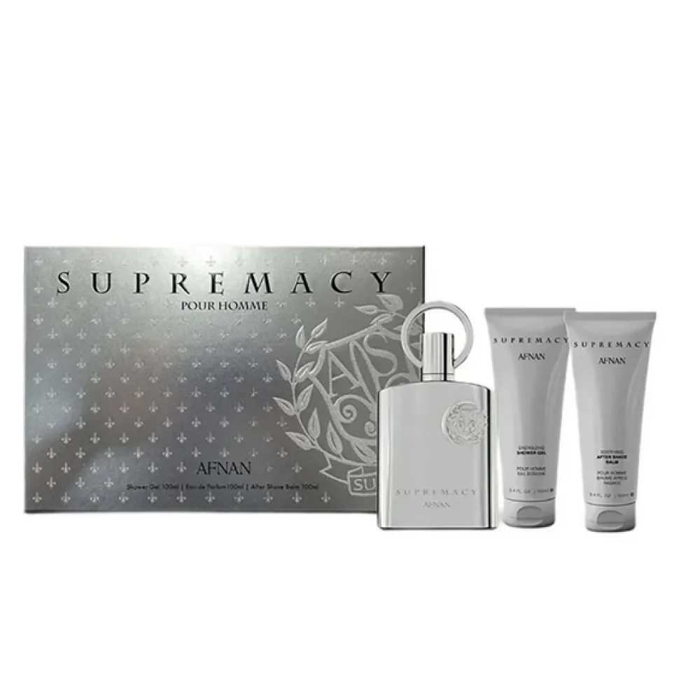 Afnan Supremacy Silver zestaw woda perfumowana spray 100ml + żel pod prysznic 100ml + balsam po goleniu 100ml