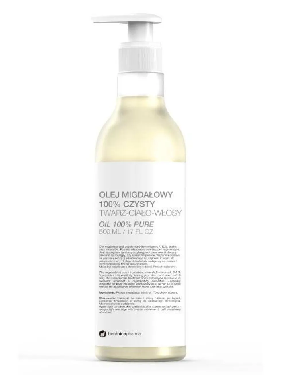 Botanicapharma Olej migdałowy 100% czysty do twarzy ciała i włosów pompka 500ml
