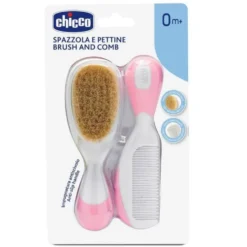 Chicco Brush and Comb zestaw szczotka z naturalnego włosia + grzebyk 0m+ Różowy
