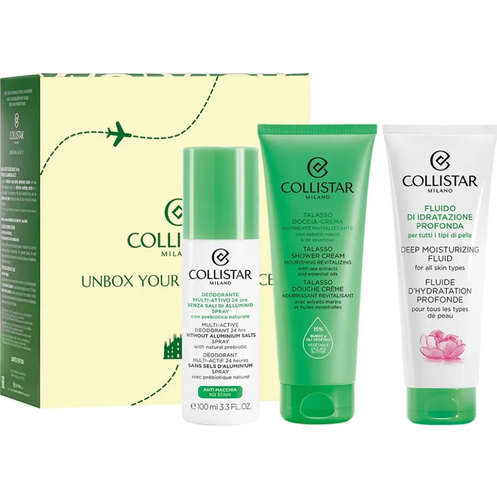 Collistar Unbox Your Confidence zestaw dezodorant w sprayu 100ml + fluid głęboko nawilżający 100ml + kremowy żel pod prysznic 100ml