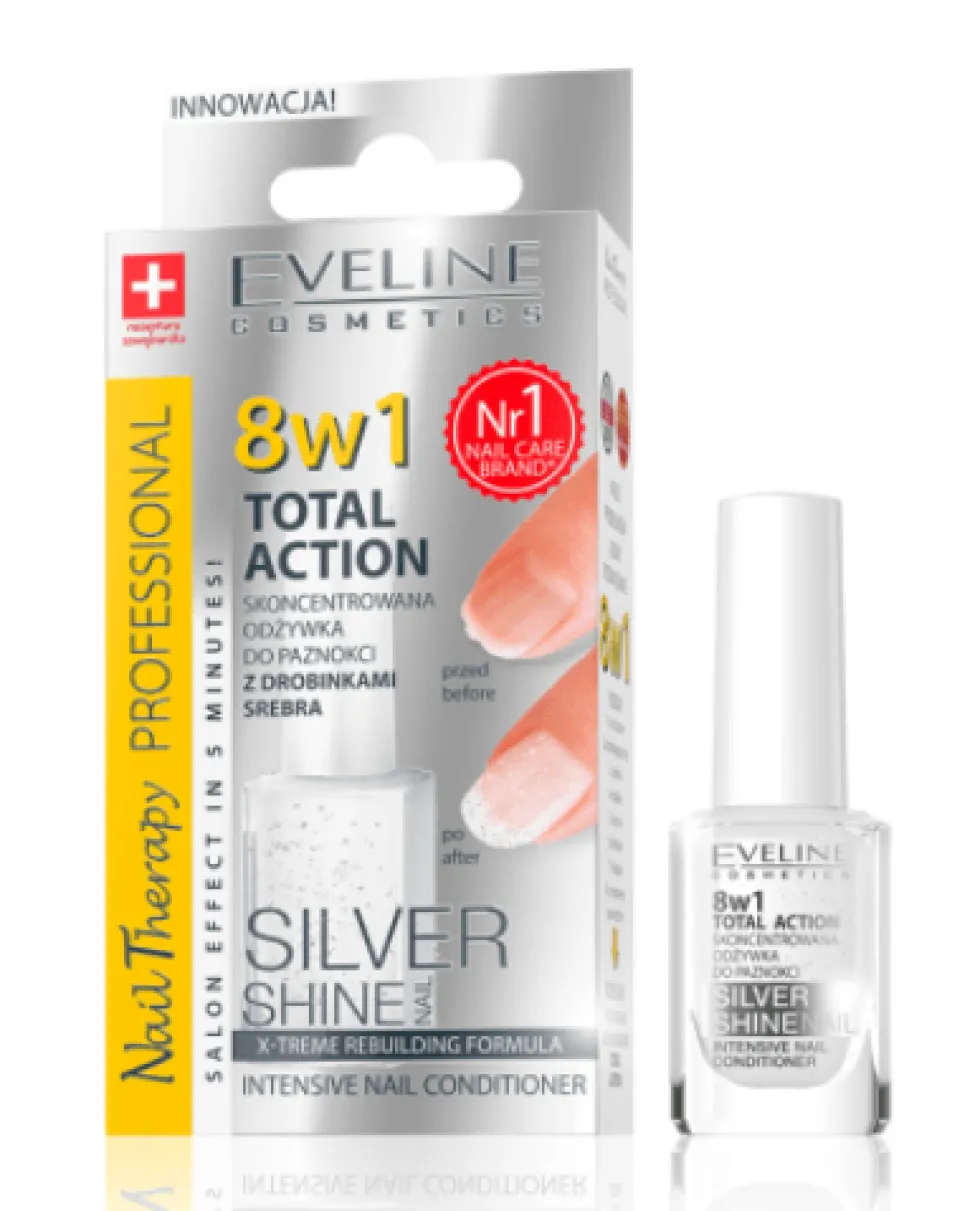 Eveline Cosmetics Nail Therapy Professional 8w1 Total Action Silver Shine skoncentrowana odżywka do paznokci z drobinkami srebra 12ml