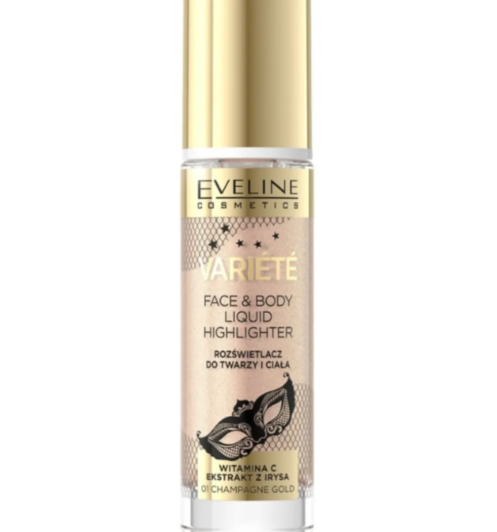 Eveline Cosmetics Variete Liquid Highlighter płynny rozświetlacz do twarzy i ciała 01 Champagne Gold 30ml