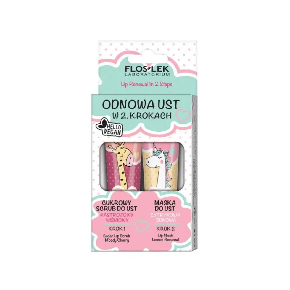 Floslek Vege Lip Care zestaw odnowa ust w 2 krokach cukrowy scrub nastrojowy wiśniowy + maska do ust cytrynowa odnowa 2x14g