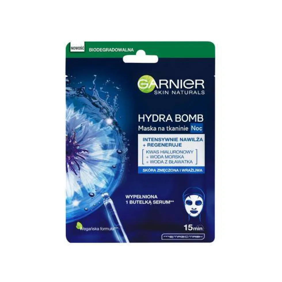 Garnier Hydra Bomb regenerująca maska na tkaninie na noc z wodą z bławatka 28g