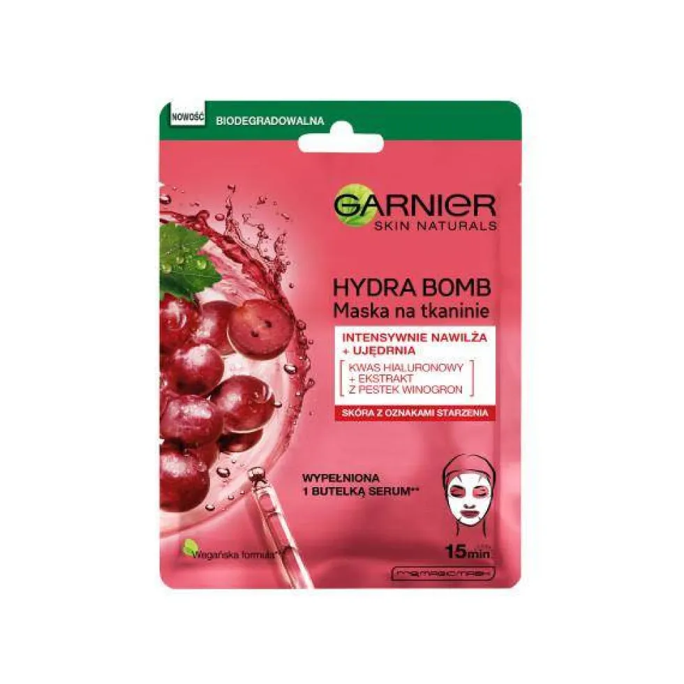 Garnier Hydra Bomb ujędrniająca maska na tkaninie z ekstraktem z pestek winogron i kwasem hialuronowym 28g