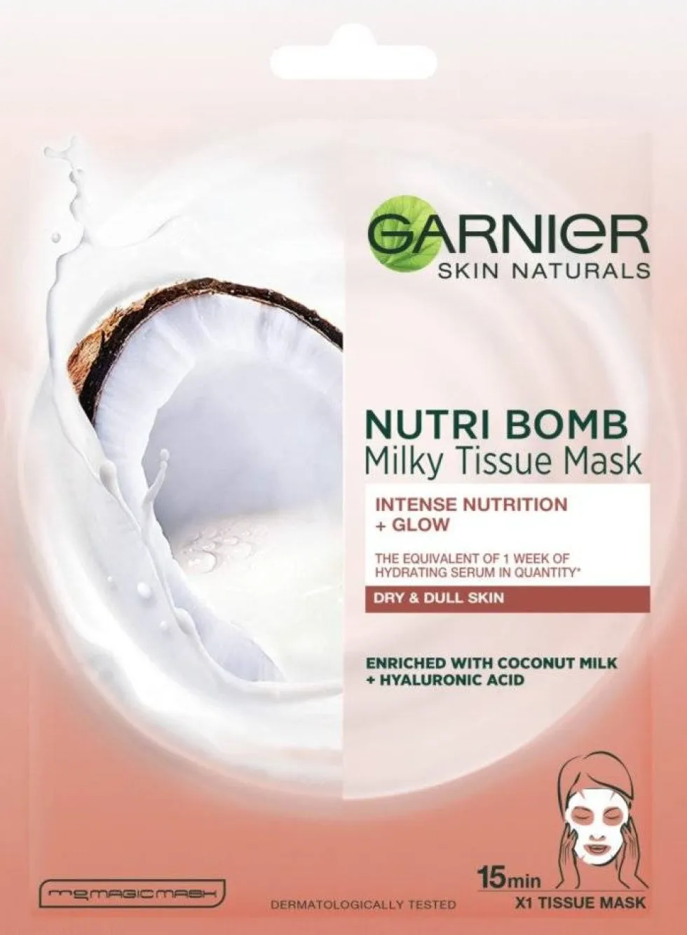 Garnier Nutri Bomb mleczna maska na tkaninie z mleczkiem kokosowym i kwasem hialuronowym 28g