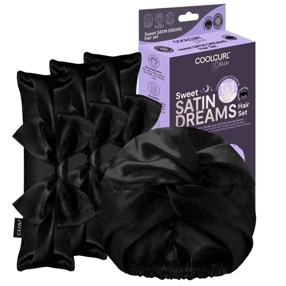 Glov Sweet Satin Dreams zestaw wałki do kręcenia włosów na zimno 3szt + dwuwarstwowy satynowy czepek do spania 1szt Black