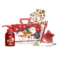 HiSkin Children's Christmas Set grające mydełko 200ml + świąteczna skarpeta na prezenty 1szt + naklejki świąteczne 1szt + długopis 1szt + papeteria do Świętego Mikołaja 1szt + kula do kąpieli gwiazda 1szt + metalowa walizka