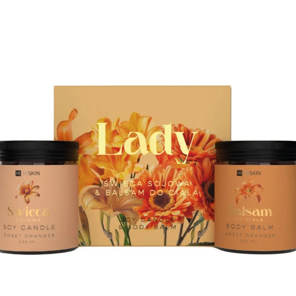 HiSkin Lady Sweet Oranges zestaw świeczka sojowa 200ml + balsam do ciała 200ml
