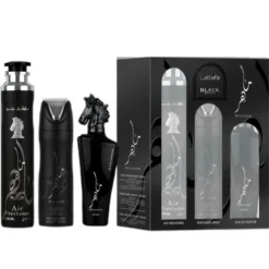 Lattafa Maahir Black Edition zestaw woda perfumowana spray 100ml + dezodorant spray 200ml + odświeżacz powietrza 300ml