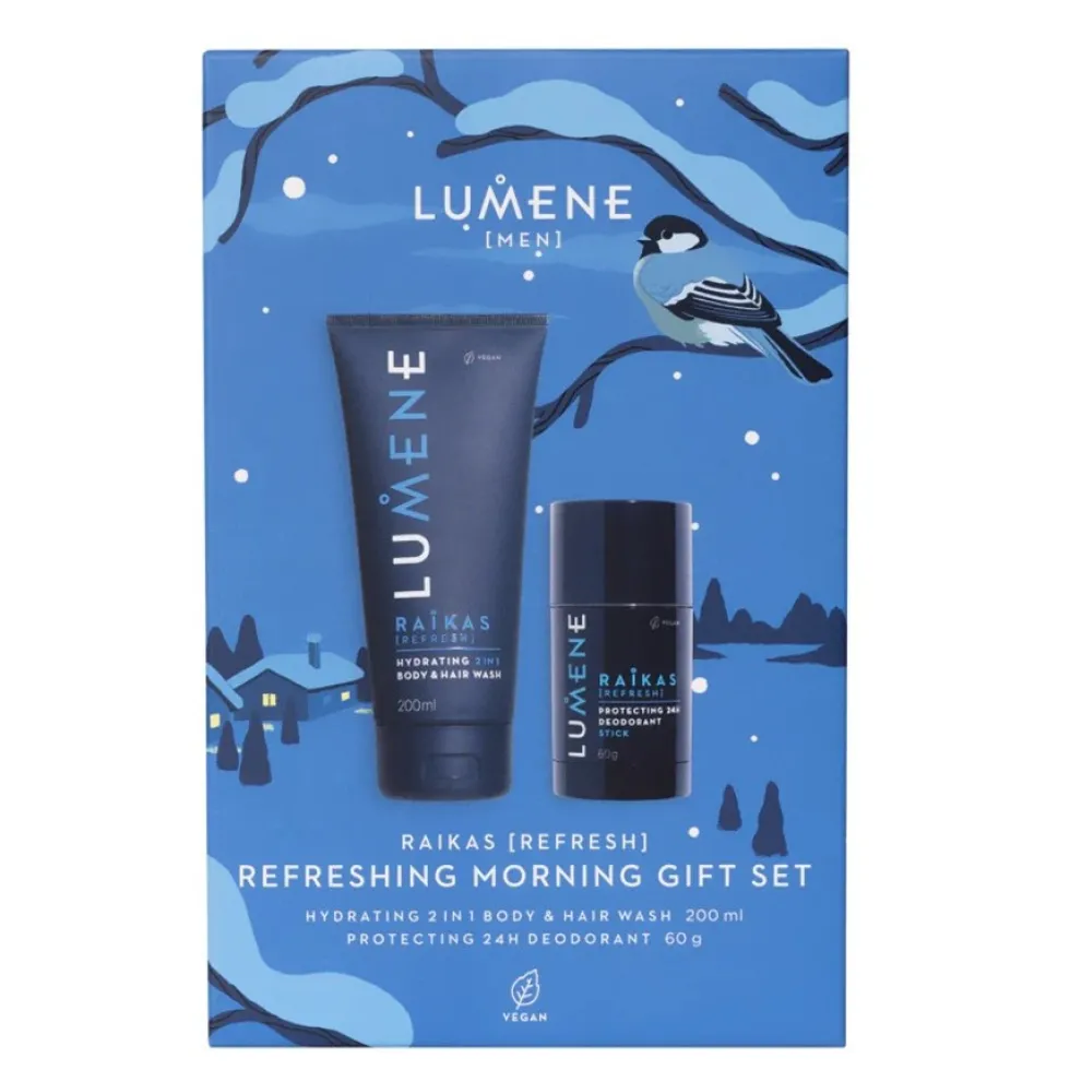 Lumene Men Raikas Refreshing Morning zestaw Hydrating 2in1 Body & Hair Wash żel pod prysznic 200ml + Protecting 24H Deodorant Stick dezodorant w sztyfcie 60g