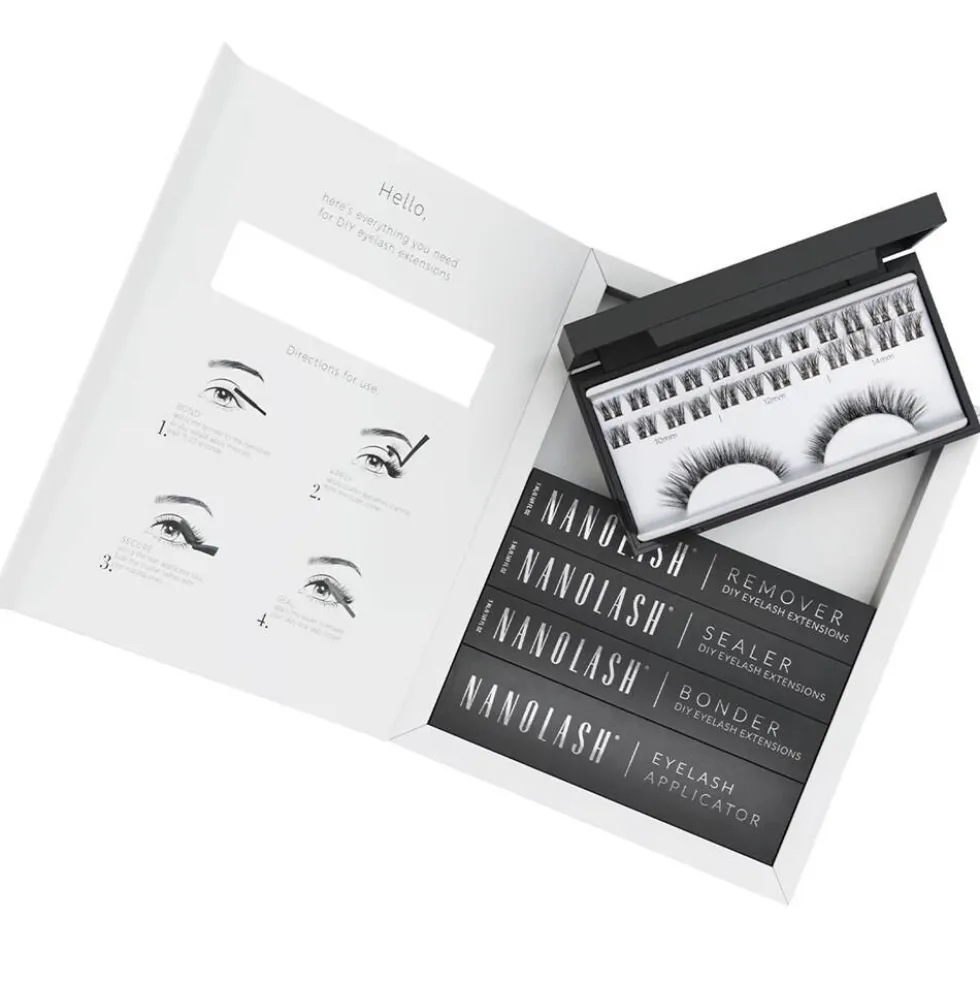 Nanolash DIY Extensions Starter Kit zestaw sztuczne rzęsy 10.12.14mm Fantasy 36szt. + bonder do rzęs 5ml + sealer do rzęs 5ml + aplikator do rzęs 1szt. + remover do rzęs 5ml