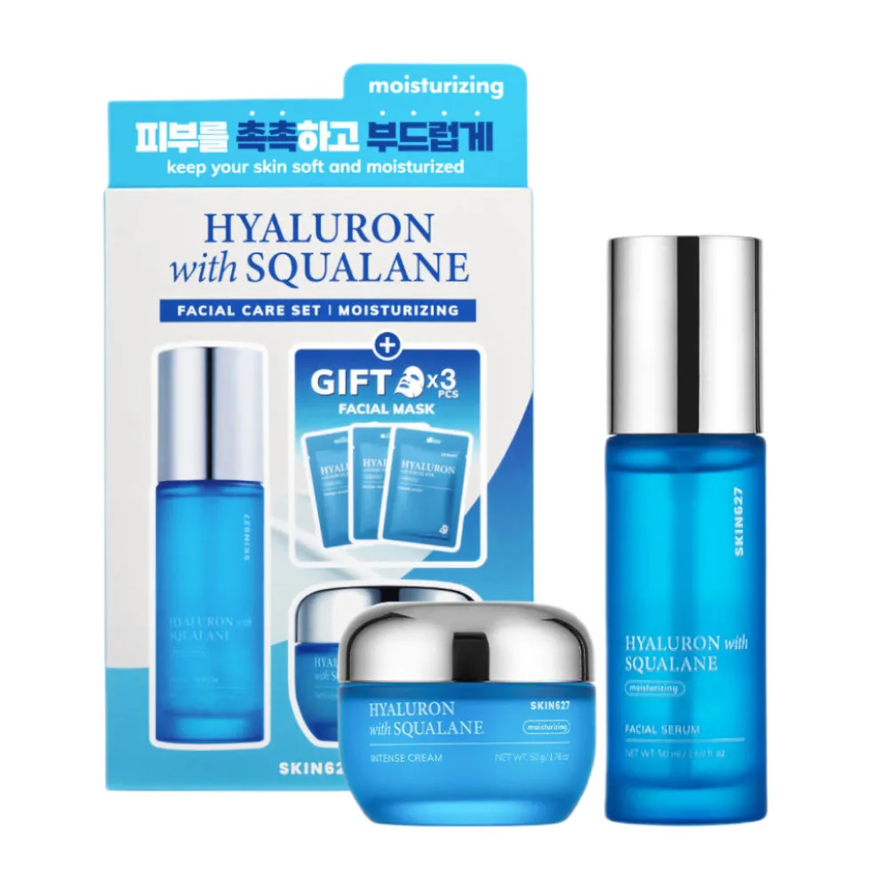 SKIN627 Hyaluron with Squalane zestaw serum do twarzy 50ml + krem do twarzy 50g + maski w płachcie 3x22ml